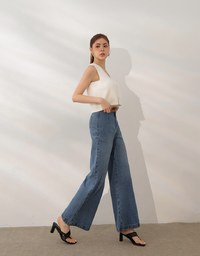 Retro High Waist Wide Leg Jeans Denim Pants with Belt