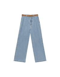 Retro High Waist Wide Leg Jeans Denim Pants with Belt