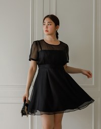 Layered Mesh Puff Sleeve Flare Mini Dress