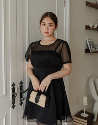 Layered Mesh Puff Sleeve Flare Mini Dress