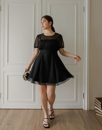 Layered Mesh Puff Sleeve Flare Mini Dress