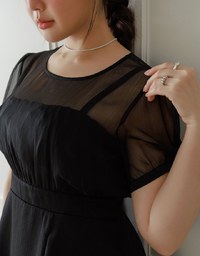 Layered Mesh Puff Sleeve Flare Mini Dress
