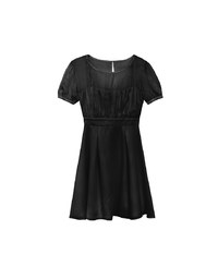 Layered Mesh Puff Sleeve Flare Mini Dress