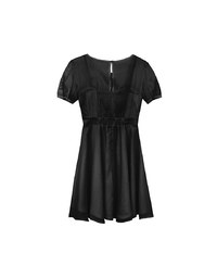 Layered Mesh Puff Sleeve Flare Mini Dress