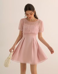 Layered Mesh Puff Sleeve Flare Mini Dress