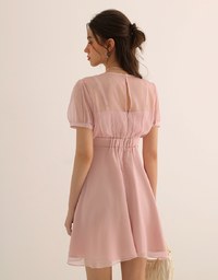 Layered Mesh Puff Sleeve Flare Mini Dress