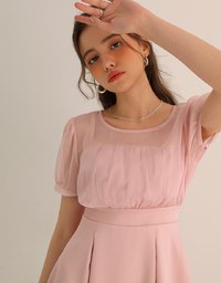 Layered Mesh Puff Sleeve Flare Mini Dress