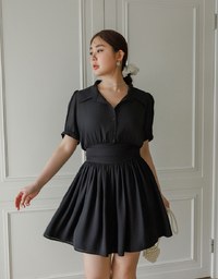 Sheer Chiffon Puff Sleeve Collared Mini Dress with Ruched Waistband Detail