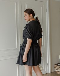 Sheer Chiffon Puff Sleeve Collared Mini Dress with Ruched Waistband Detail
