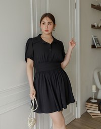 Sheer Chiffon Puff Sleeve Collared Mini Dress with Ruched Waistband Detail
