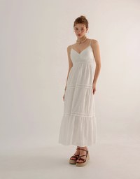 Boho Bohemian Style V Neck Eyelet Lace Tiered Padded Maxi Dress