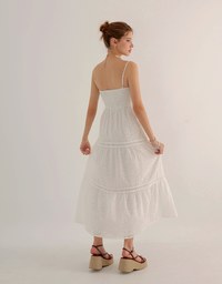 Boho Bohemian Style V Neck Eyelet Lace Tiered Padded Maxi Dress