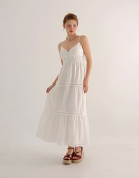 Boho Bohemian Style V Neck Eyelet Lace Tiered Padded Maxi Dress