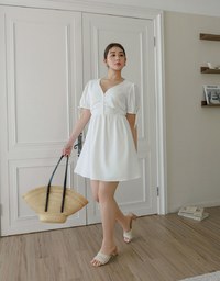Ruched V Neck Puff Sleeve Flare Mini Dress