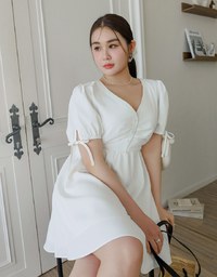 Ruched V Neck Puff Sleeve Flare Mini Dress