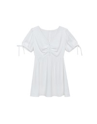 Ruched V Neck Puff Sleeve Flare Mini Dress