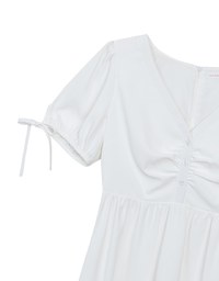 Ruched V Neck Puff Sleeve Flare Mini Dress