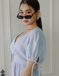 Ruched V Neck Puff Sleeve Flare Mini Dress