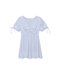 Ruched V Neck Puff Sleeve Flare Mini Dress