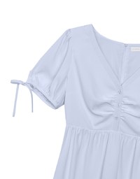 Ruched V Neck Puff Sleeve Flare Mini Dress