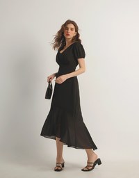V Neck Sheer Puff Sleeve Padded Maxi Dress with Draped Asymmetrical Hemline