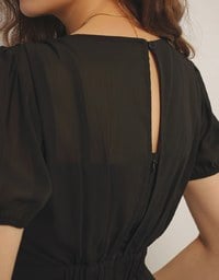 V Neck Sheer Puff Sleeve Padded Maxi Dress with Draped Asymmetrical Hemline