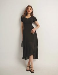 V Neck Sheer Puff Sleeve Padded Maxi Dress with Draped Asymmetrical Hemline