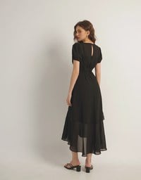 V Neck Sheer Puff Sleeve Padded Maxi Dress with Draped Asymmetrical Hemline