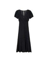 V Neck Sheer Puff Sleeve Padded Maxi Dress with Draped Asymmetrical Hemline