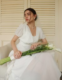 V Neck Sheer Puff Sleeve Padded Maxi Dress with Draped Asymmetrical Hemline