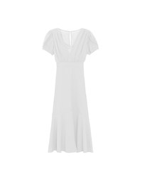 V Neck Sheer Puff Sleeve Padded Maxi Dress with Draped Asymmetrical Hemline