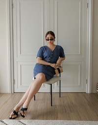 Short Sleeve V Neck Front Button Jeans Denim Mini Dress