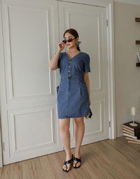 Short Sleeve V Neck Front Button Jeans Denim Mini Dress