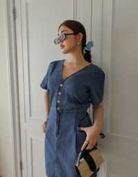 Short Sleeve V Neck Front Button Jeans Denim Mini Dress