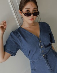 Short Sleeve V Neck Front Button Jeans Denim Mini Dress