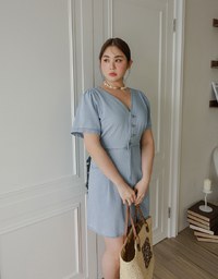 Short Sleeve V Neck Front Button Jeans Denim Mini Dress