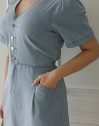 Short Sleeve V Neck Front Button Jeans Denim Mini Dress
