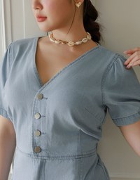 Short Sleeve V Neck Front Button Jeans Denim Mini Dress