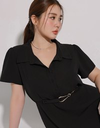 Button Up Short Sleeve Collared Shirt Dress with Gold Chain Detail