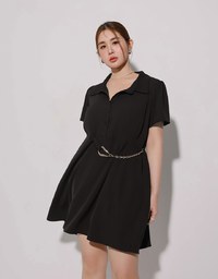 Button Up Short Sleeve Collared Shirt Dress with Gold Chain Detail