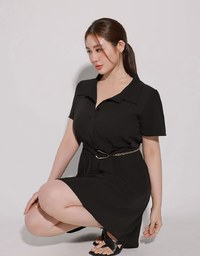 Button Up Short Sleeve Collared Shirt Dress with Gold Chain Detail