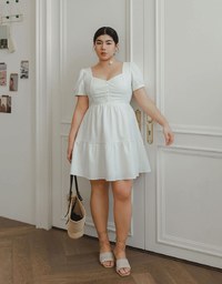 Sweetheart Neckline Puff Sleeve Tiered Mini Dress with Button Detail