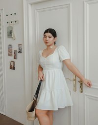 Sweetheart Neckline Puff Sleeve Tiered Mini Dress with Button Detail