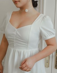 Sweetheart Neckline Puff Sleeve Tiered Mini Dress with Button Detail