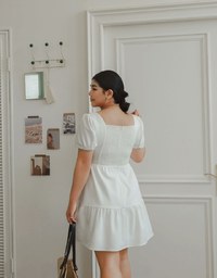Sweetheart Neckline Puff Sleeve Tiered Mini Dress with Button Detail