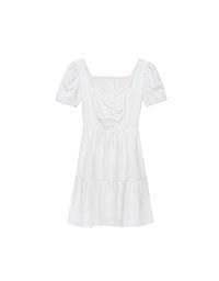Sweetheart Neckline Puff Sleeve Tiered Mini Dress with Button Detail
