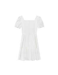 Sweetheart Neckline Puff Sleeve Tiered Mini Dress with Button Detail