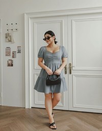 Sweetheart Neckline Puff Sleeve Tiered Mini Dress with Button Detail
