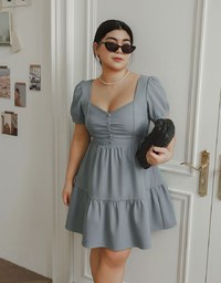 Sweetheart Neckline Puff Sleeve Tiered Mini Dress with Button Detail