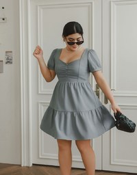 Sweetheart Neckline Puff Sleeve Tiered Mini Dress with Button Detail